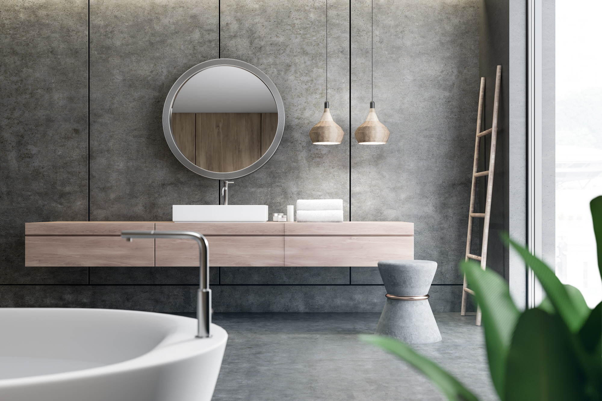 Floating wood countertops create a sense of openness and minimalism, making the bathroom appear more spacious.