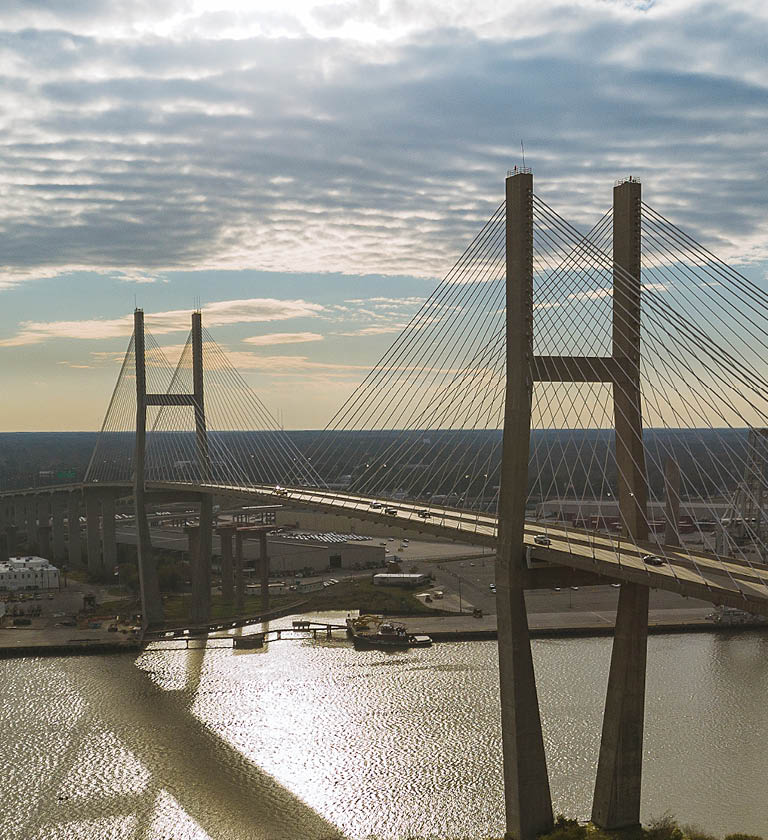 The aerial drone panoramic view of the Savannah and Talmadge Memorial Bridge over the Savannah River, on the border between Georgia and South Carolina, USA 