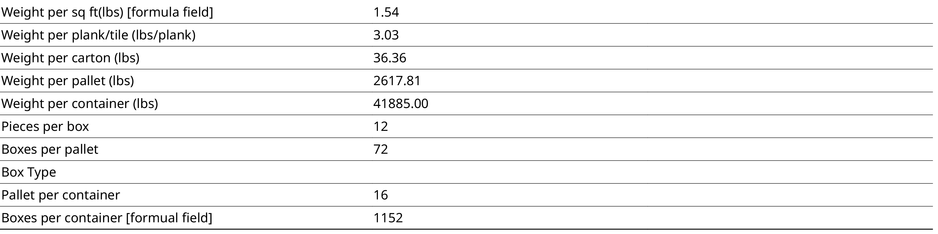 Weight per sq ft(lbs)  formula field ,1 54,,Weight per plank tile (lbs plank),3 03,,Weight per carton (lbs),36 36,,We   