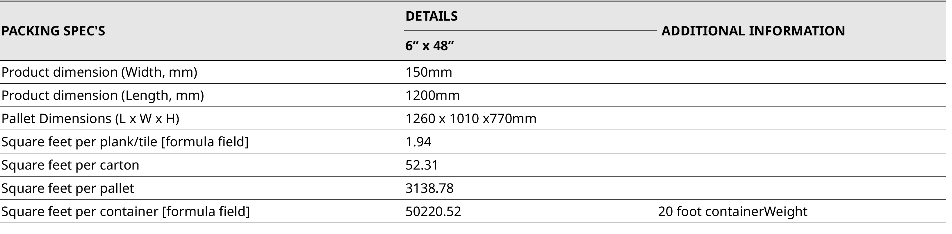 PACKING SPEC'S,DETAILS, ADDITIONAL INFORMATION,6  x 48 ,Product dimension (Width, mm),150mm ,,Product dimension (Leng   